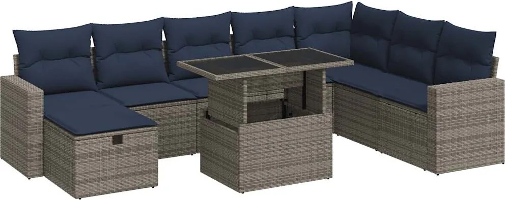 vidaXL 9 részes szürke polyrattan kerti ülőgarnitúra párnákkal