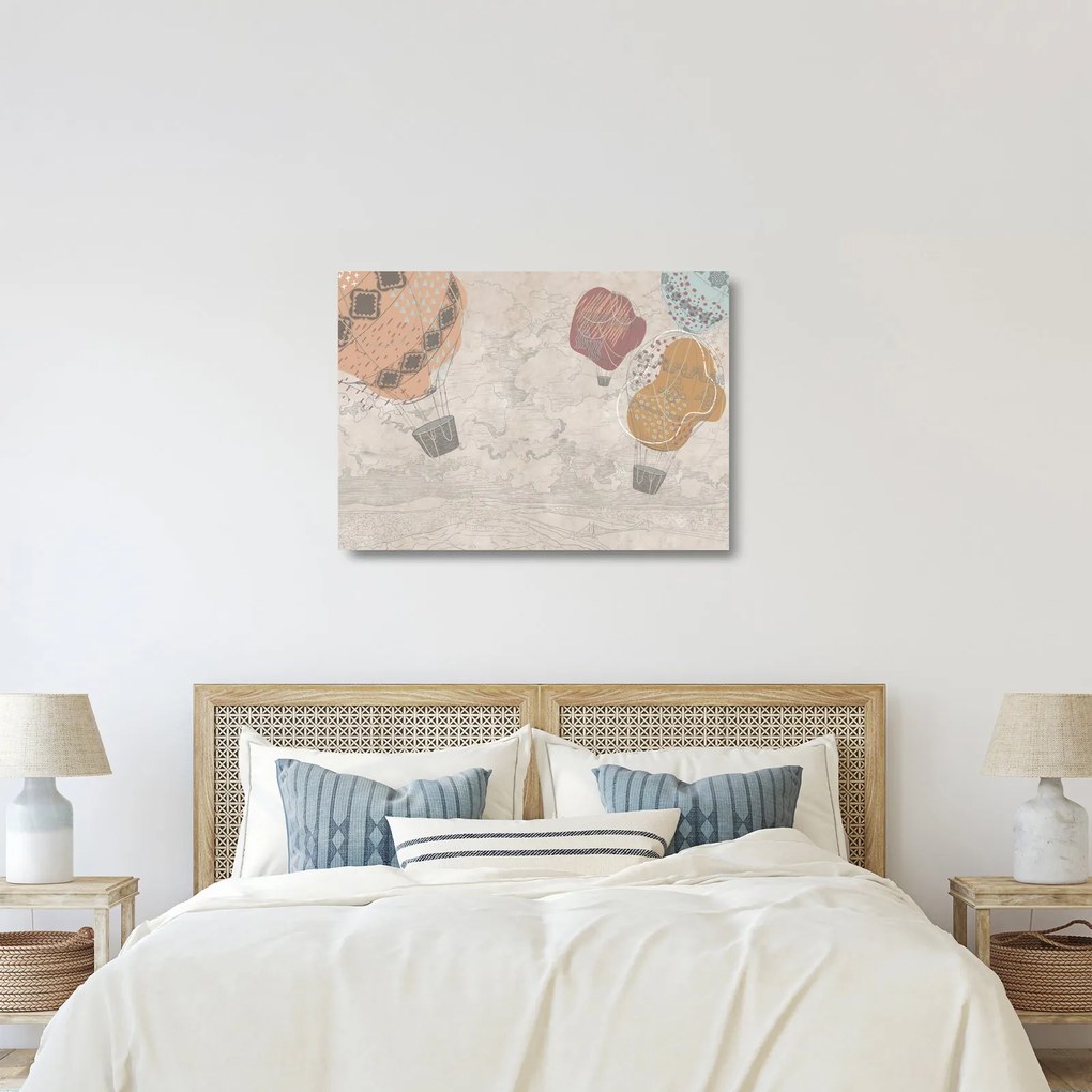 Kép - léggömbök a város felett , meleg tónusok (üvegen) (70x50 cm)
