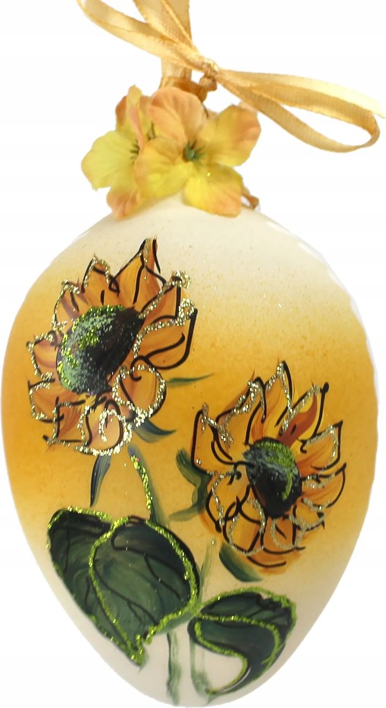 Üvegtojás 13 cm medál kézzel díszített virág motívum napraforgó