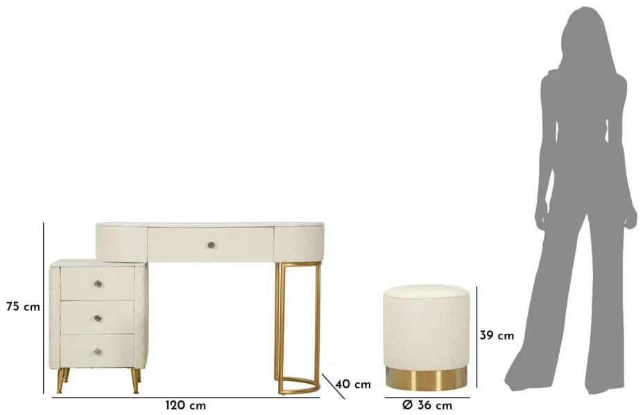 Fésülküdő asztal Sharon fehér székkel 120x40x75cm (szék mérete ø36x39)