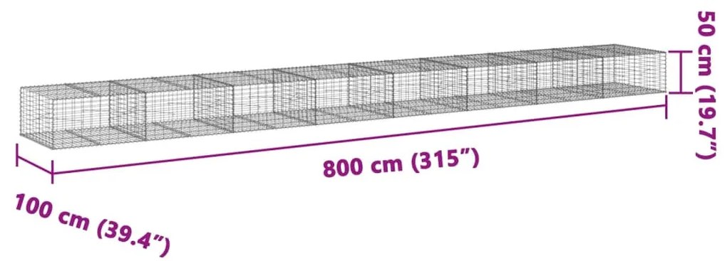 horganyzott vas gabion kosár fedéllel 800 x 100 x 50 cm