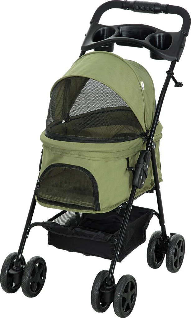 PawHut Kutyakocsi Összecsukható Funkcióval Kisméretű Kutyák és Macskák Számára, Kocsi A Macskák Számára Oxford Sötétzöld 67 x 45 x 96 cm | Aosom