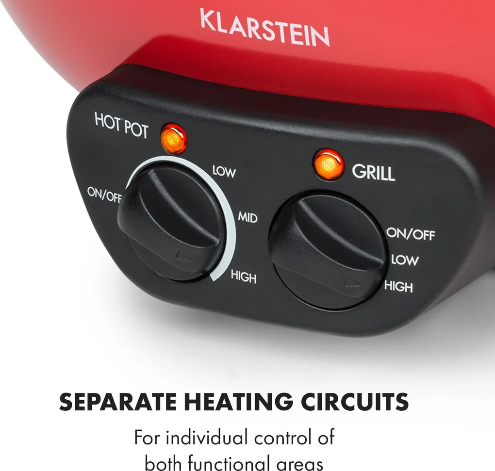 Klarstein Szechuan, hot pot és grill lemez, 5 l űrtartalom, 1350 W, 600 W, piros