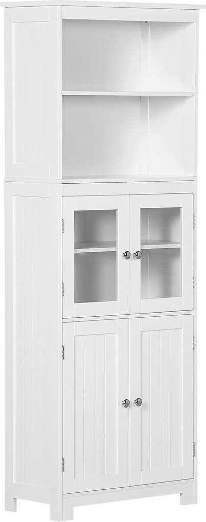 HOMCOM Konyhai Kamra Büfé Oldalszekrény 4 Ajtóval, 2 Nyitott Polccal és Állítható Polccal Étkezőbe 60x30x162 cm Fehér | Aosom