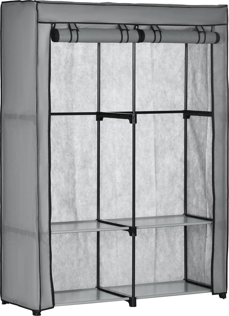 HOMCOM Szövet Szekrény 2 Ruharúddal, 4 Polccal és Cipzárral, Összecsukható Szövet Ruhásszekrény Hálószobába, Öltözőbe, 118 x 49 x 170 cm, Világosszürk