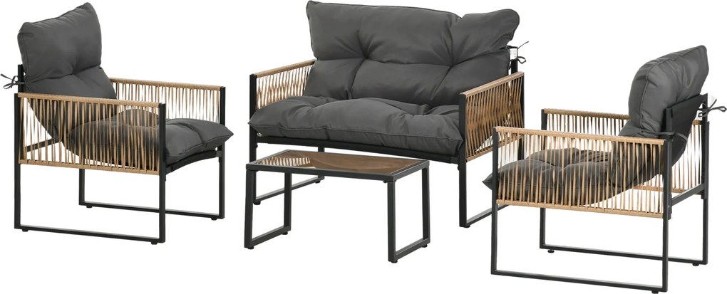 Outsunny 4 részes Rattan Kerti Bútor Szett, Párnázott Ülőgarnitúra, Terasz Szett 1 Üvegasztallal, 2 Karosszékkel, 1 Két személyes Kanapéval, Ülőgarnit