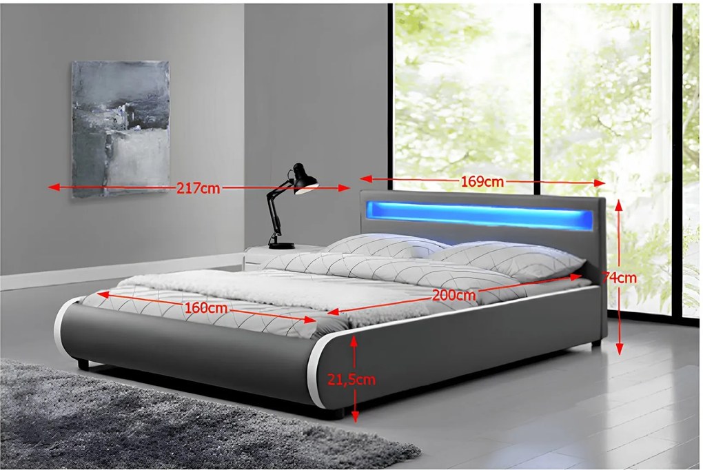 Franciaágy RGB LED világítással, szürke, 160x200, DULCEA