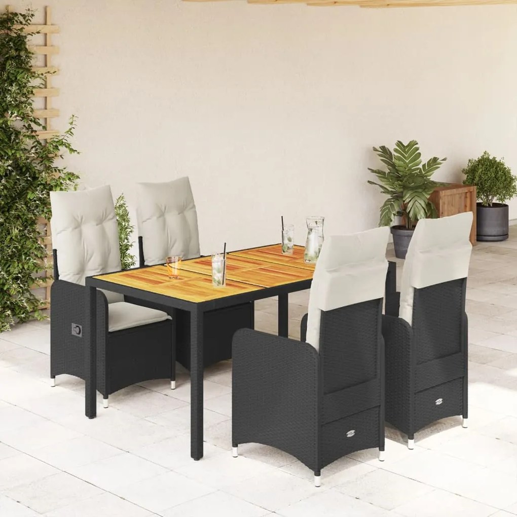 5 részes fekete polyrattan kerti bisztrógarnitúra párnákkal