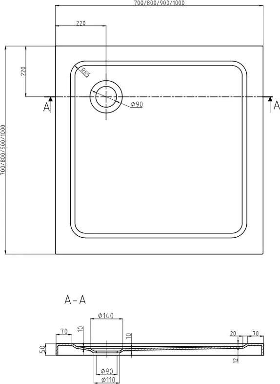 Mexen Flat slim négyzet alakú zuhanytálca 90 x 90 cm, fehér, fekete szifon - 40109090B