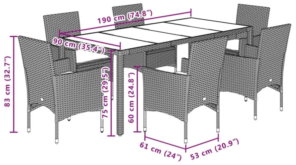 7 részes barna polyrattan/üveg kerti étkezőgarnitúra párnákkal