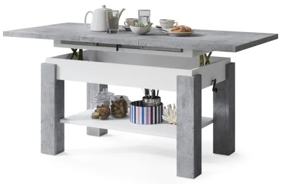ADONIS szürke beton/fehér kihúzható konferencia/étkezőasztal polccal
