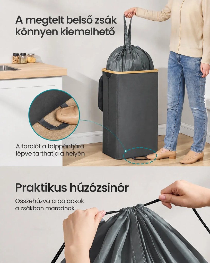 SONGMICS palackgyűjtő, 140 literes, bedobónyílásos fedéllel és kivehető belső zsákkal, fekete-bézs