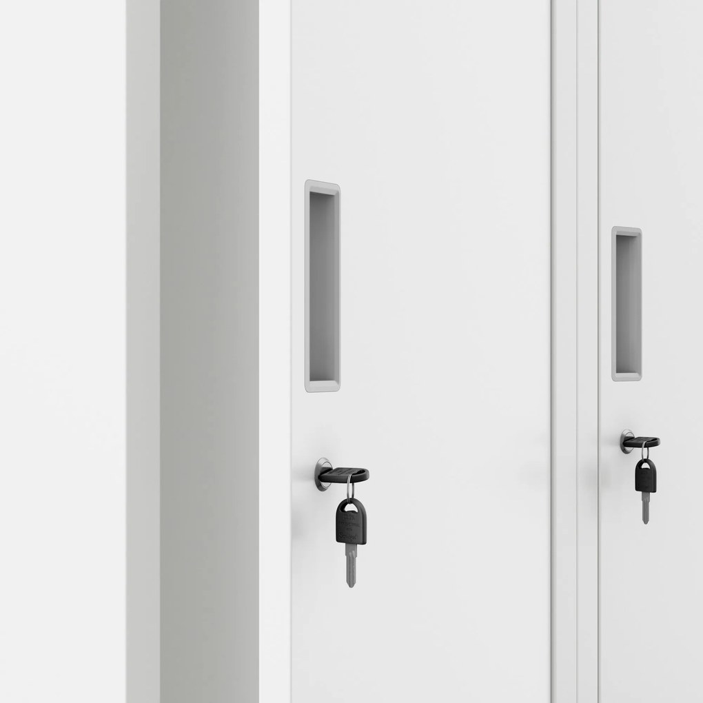 Pléh öltözőszekrény talpazaton, kétmodulos, polccal és köztes fallal KACPER, 800 x 1800 x 500 mm, fehér