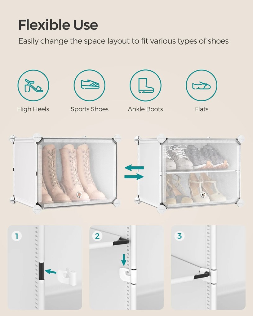 Összekapcsolható cipőtartó állvány akár 48 pár cipőhöz, fehér és átlátszó