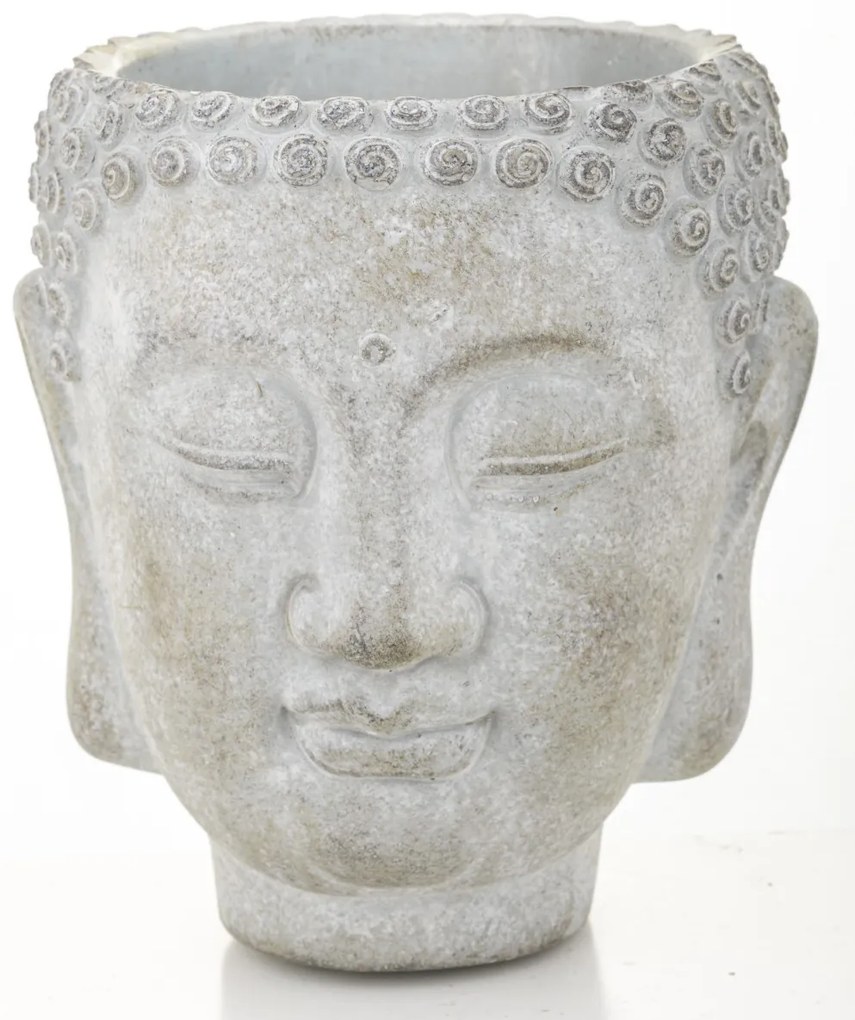 Cyrus design kerek buddha arcot ábrázoló szürke cement virágtartó váza 17x14x13cm
