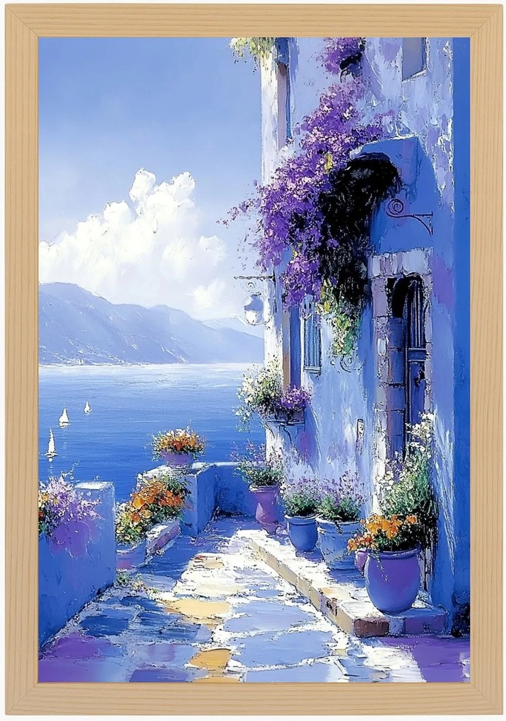 Poszter Keret Fa Tájkép Kilátás Görögország Tenger Ház Terasz Virágok 40x60