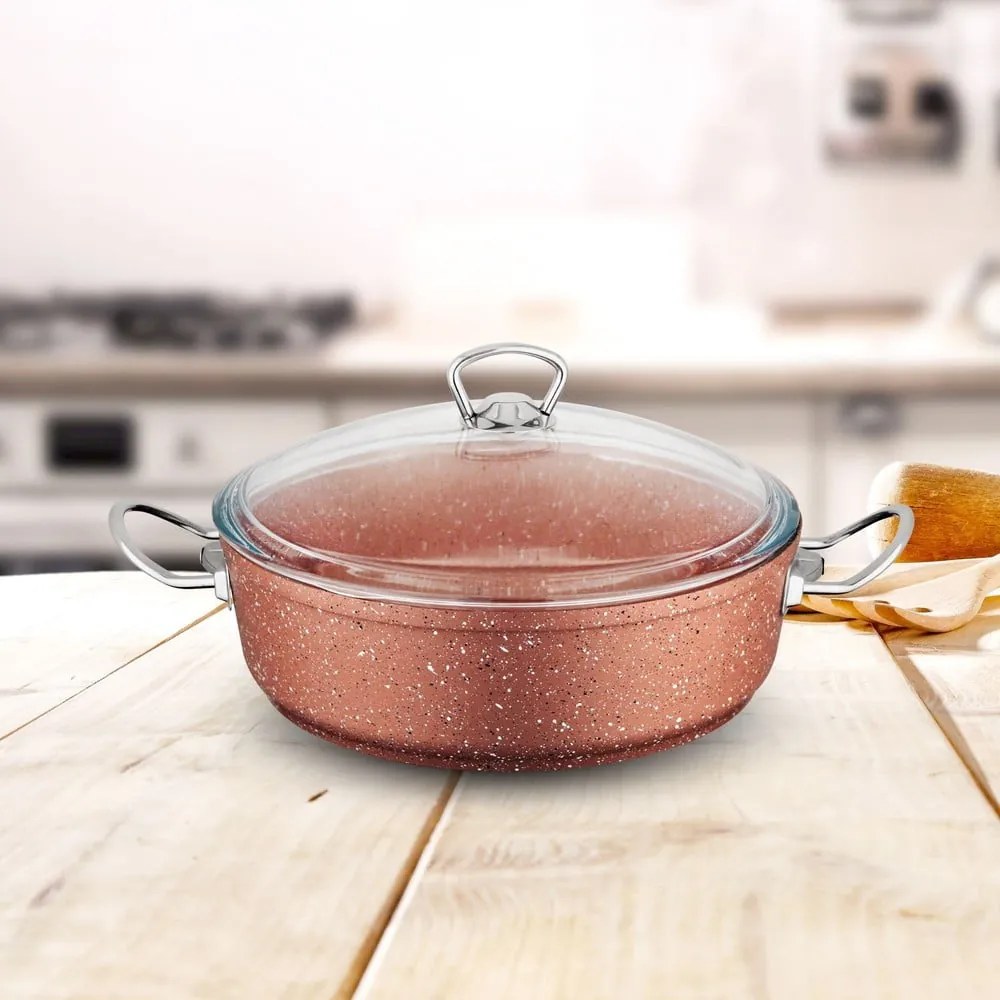 Classic rózsaszín alacsony alumínium edény fedővel, ø 26 cm - Güral Porselen