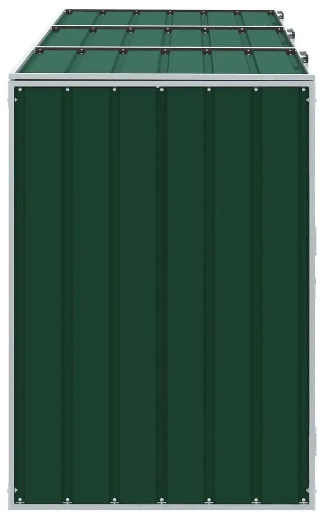 zöld acél kerekes szemetes tároló 3 szemeteskukához 216 x 81 x 115 cm