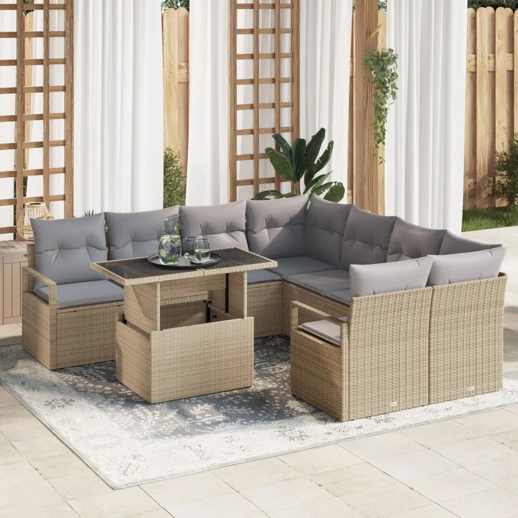 9 Darabos Kert Sofa Szett Párnákkal Bézs Poli Rattan, 2-Fős Kert Sofa Párnákkal Bézs Poli Rattan