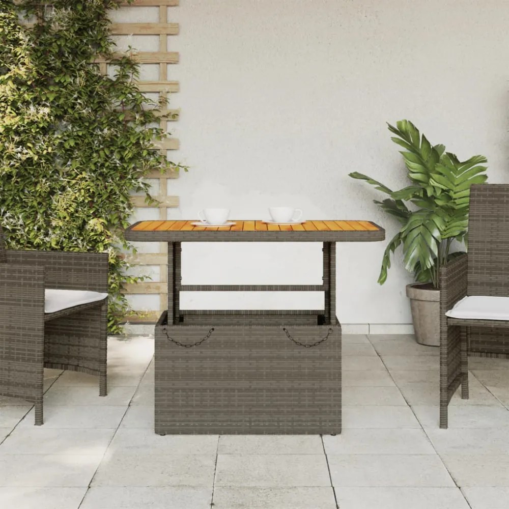 szürke polyrattan és akácfa kerti asztal 90 x 55 x 71 cm