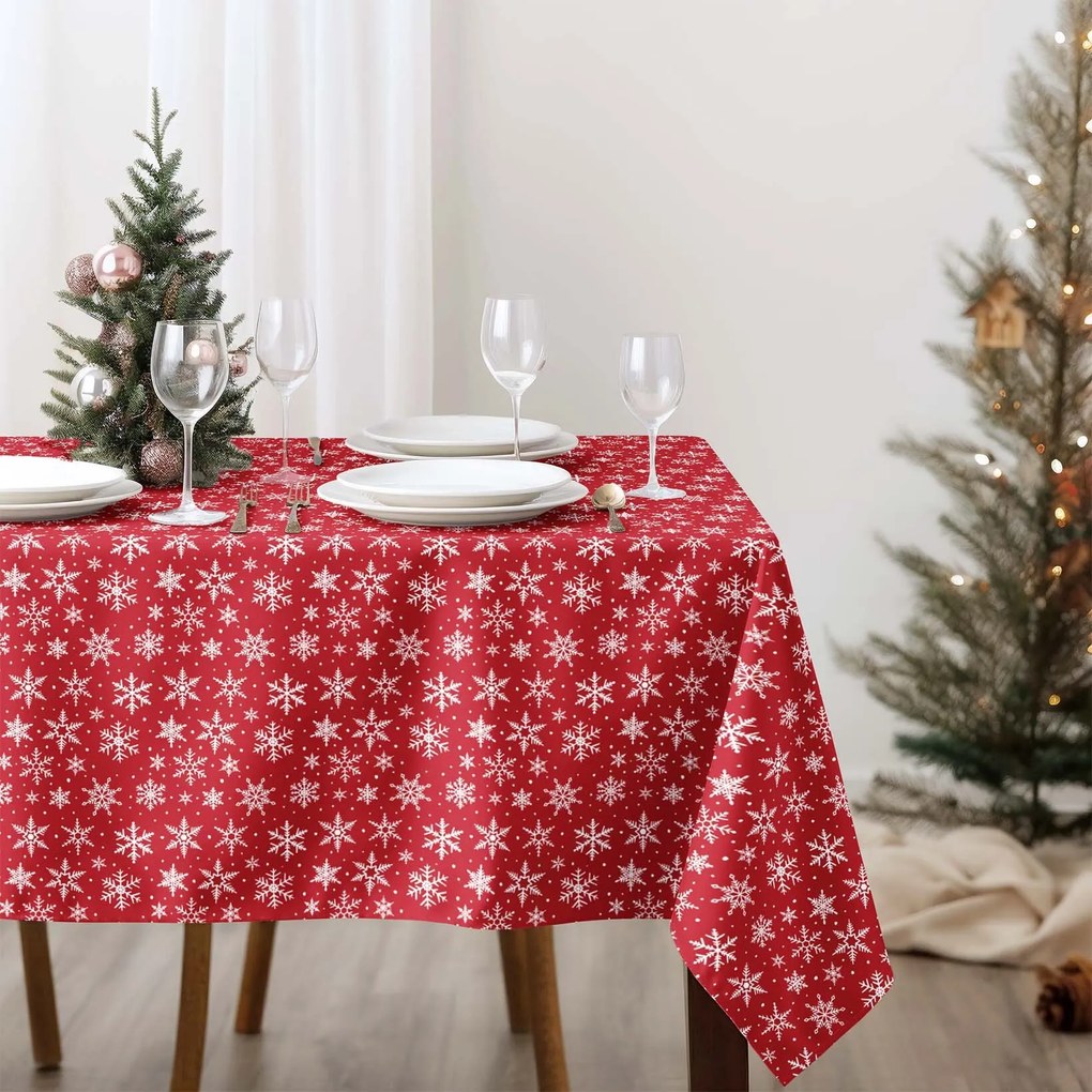 Goldea karácsonyi szögletes terítő valencia - fehér pelyhek piros alapon 80 x 80 cm