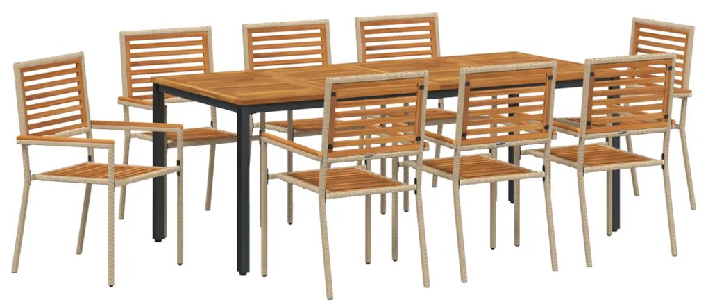 9 darabos kerti étkező garnitúra bézs poli rattan akáccal, Összecsukható kerti szék párnákkal - 2 db bézs poli rattanban, Kerti asztal 200x90x75 cm tömör akácfa és fém