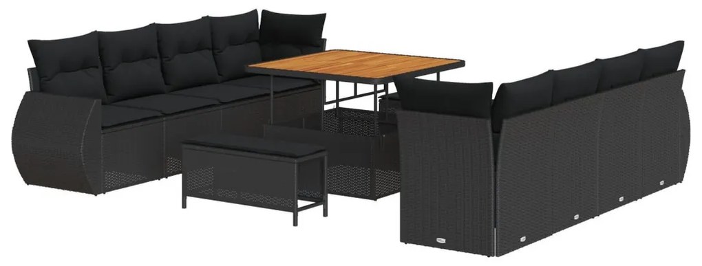 11 darabos kerti kanapé készlet párnákkal Fekete Poli rattan Akácia, 3 darabos kerti étkező készlet párnákkal Fekete Poli rattan Akácia