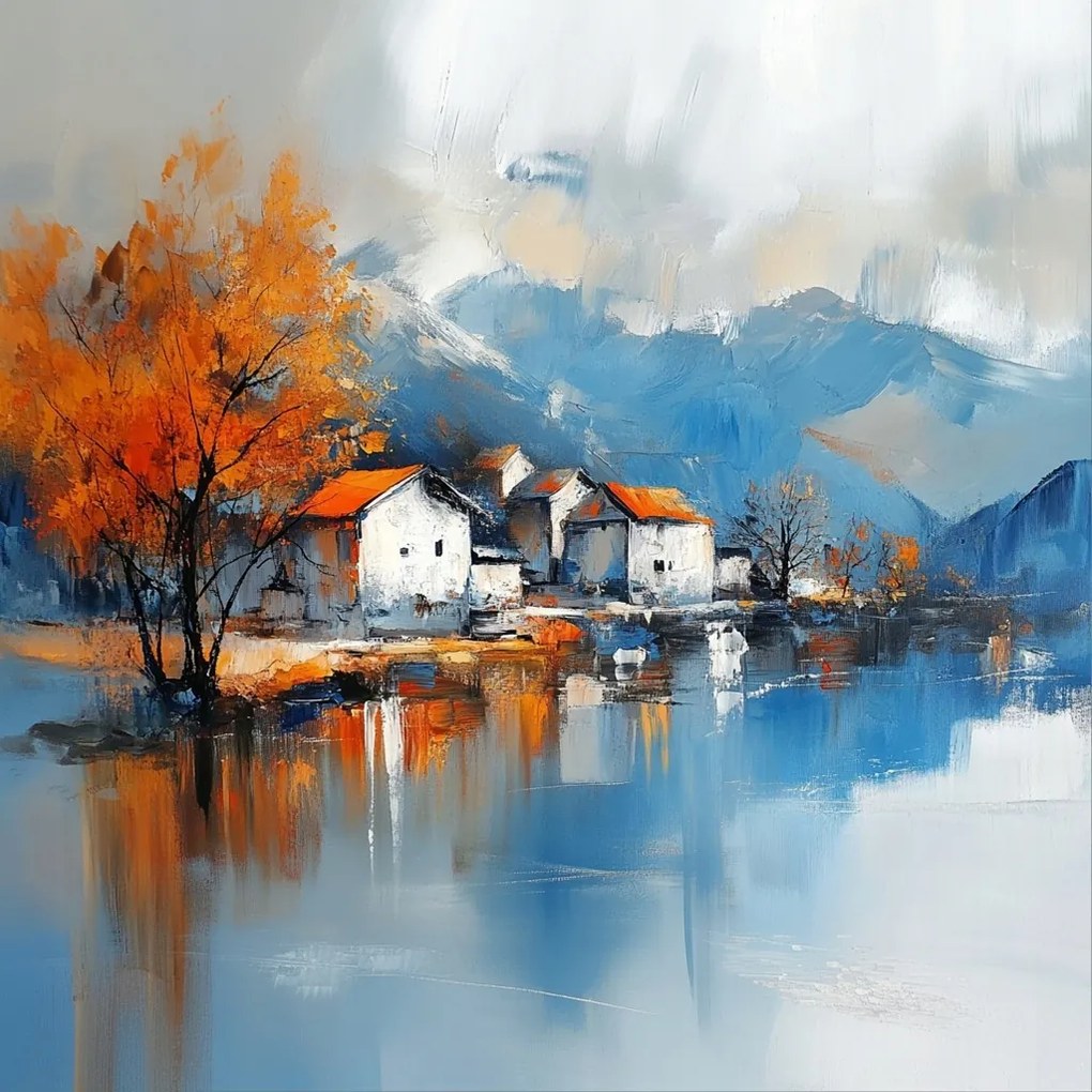 Vászonkép Canvas Tájkép Hegyek Tó Város Falu Ősz 40x40