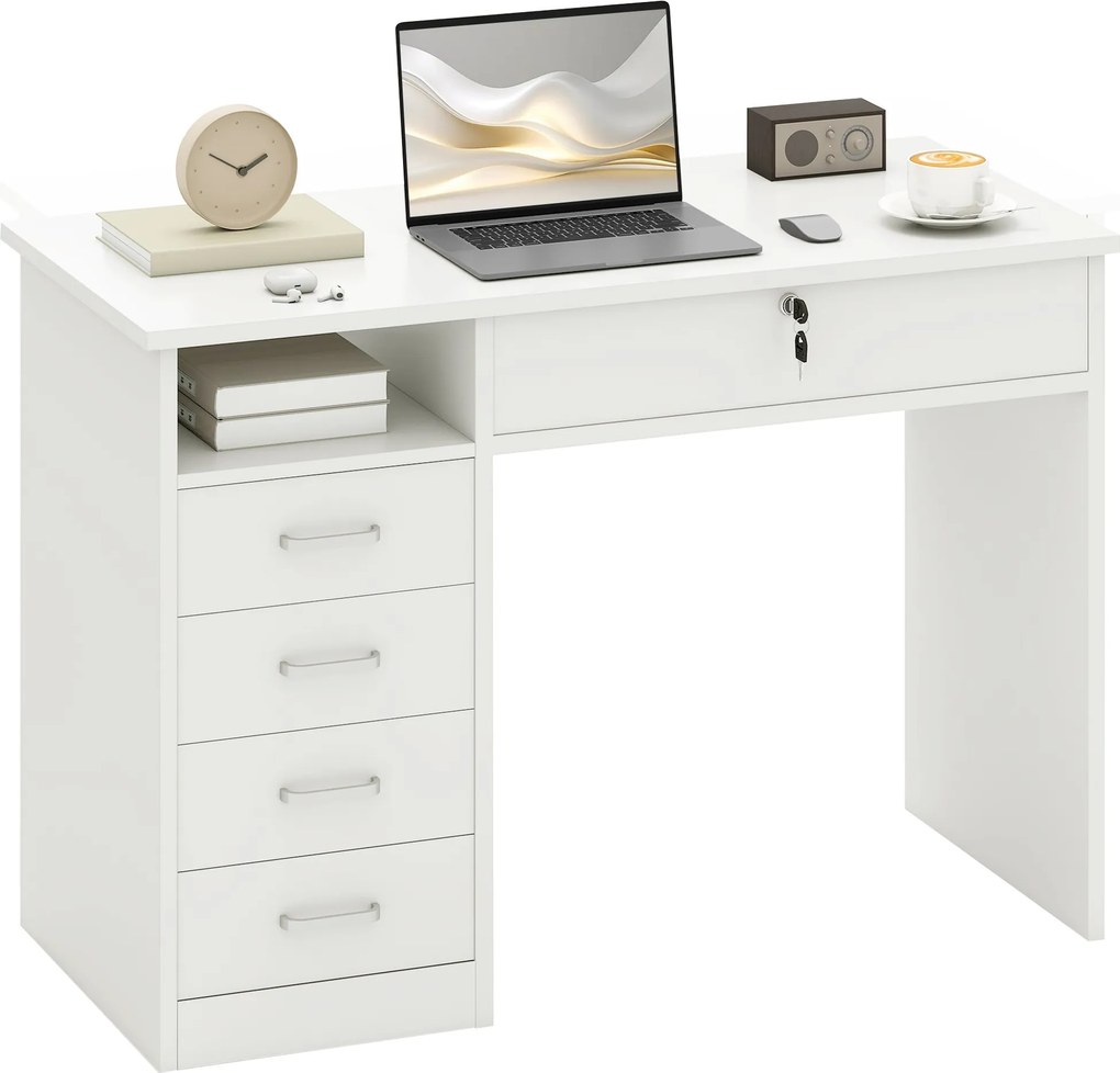 HOMCOM Iroda és Halószoba Íróasztal, PC és Számítógép Íróasztal, Fából 5 Fiókkal, Munka Felület, 2 Kulcs, Modern, 110x50x76cm, Fehér | Aosom