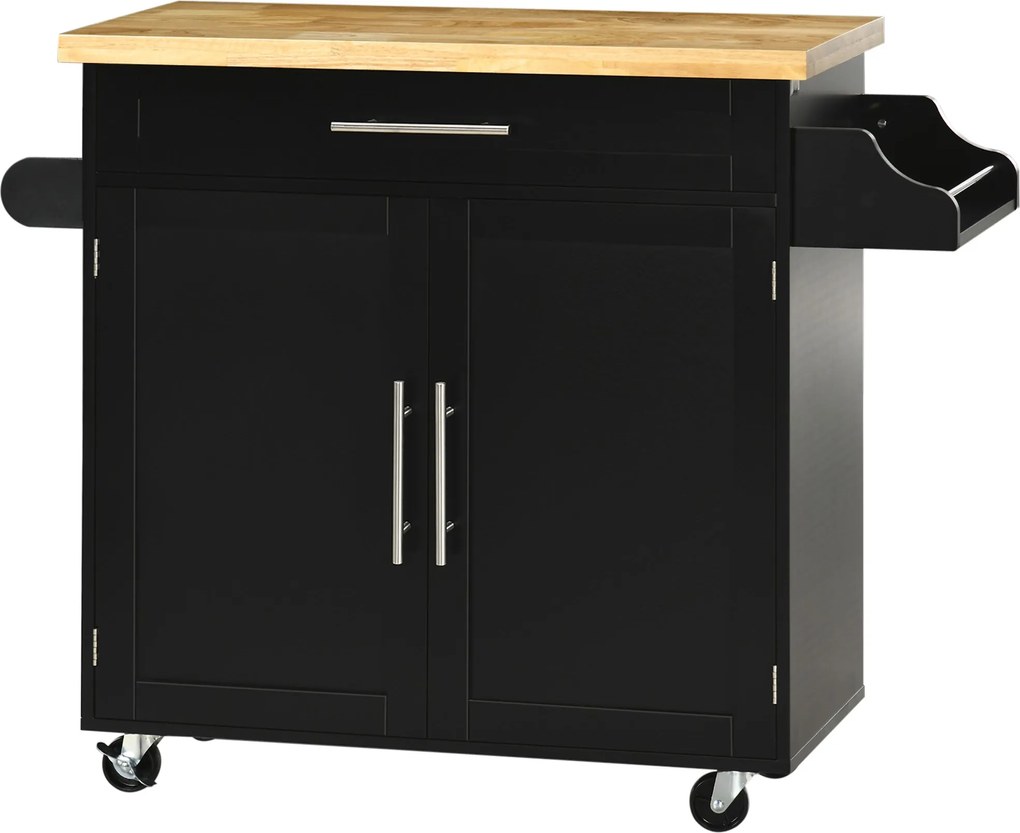 HOMCOM Konyhai Szekrény Kerekekkel, Ajtós Facsúszóval, Magasságban Állítható Belső Polccal és Fűszertartóval, Mobil Oldalszekrény 109x40x89 cm Fekete