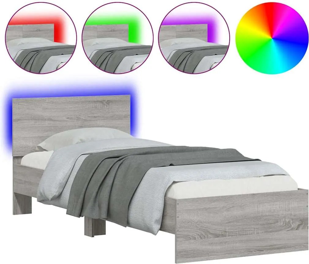 vidaXL szürke sonoma színű ágykeret fejtámlával és LED-ekkel 90x190 cm