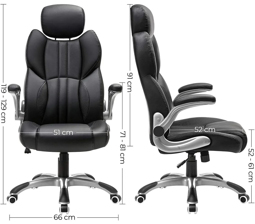 Ergonomikus forgószék, irodai szék összecsukható karokkal, fekete