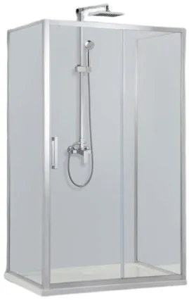 Stuxi Delhi 100x90 falsíkra szerelhető 3 oldalú tolóajtós zuhanykabin 6 mm vastag vízlepergető biztonsági üveggel, krómozott elemekkel, 200 cm magas