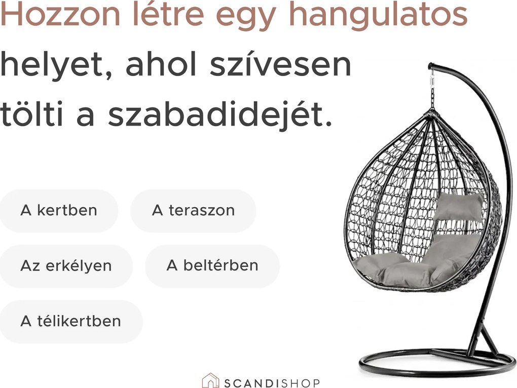 Szürke függőfotel KOKON állvánnyal, bézs mintás párna