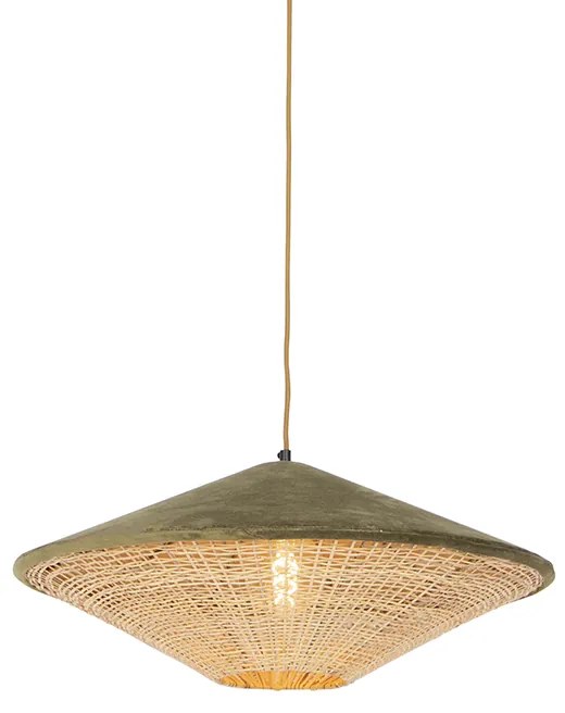 Rusztikus lógólámpa zöld bársony és rattan 60 cm - Frills Can