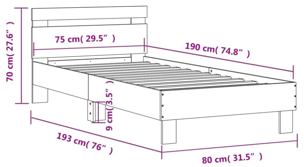 barna tölgy színű fejtámlás ágykeret matrac nélkül 75 x 190 cm