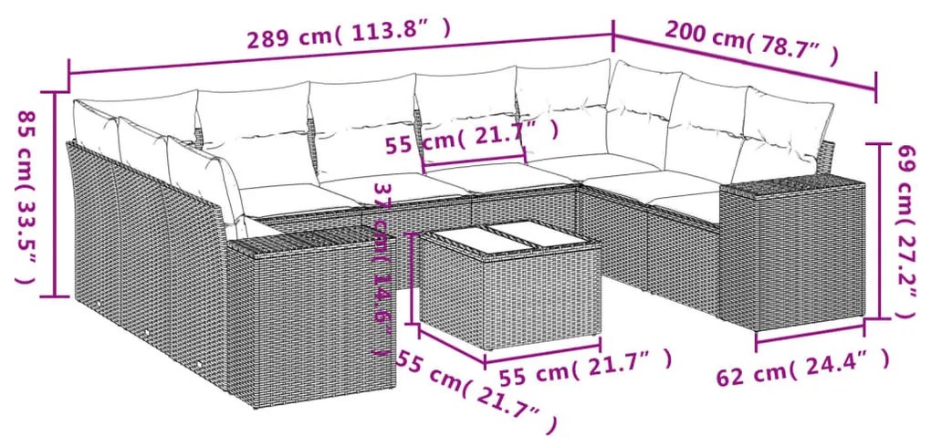 10 részes barna polyrattan kerti ülőgarnitúra párnákkal