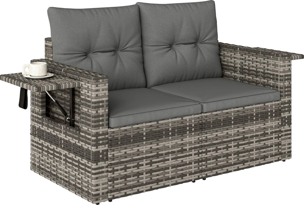 2 személyes kerti rattan kanapé párnákkal — átalakítható, kihúzható oldaltálcákkal, időjárásálló, világosszürke szintetikus rattan | Aosom