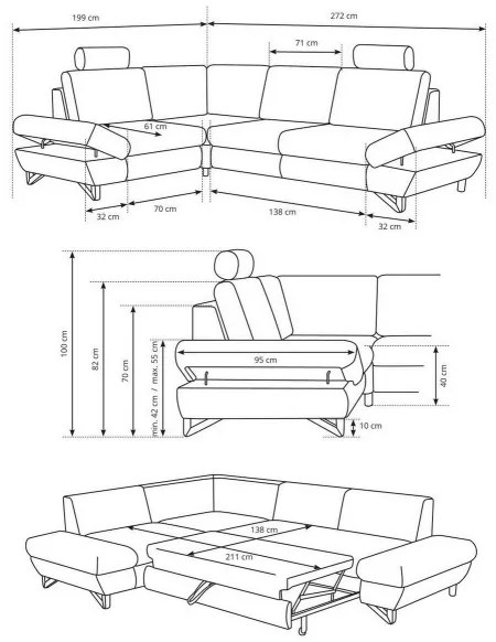 Ággyá nyitható, kárpitozott, jobb oldali L-alakú sarok ülőgarnitúra tárolórekesszel AVESTA, szürke