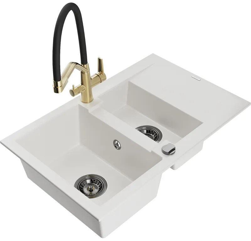 Mexen Gaspar egészkő mosogató 1,5 kamrával és csepegtetővel, valamint Duo konyhai csapteleppel, fehér - 6507-20-671701-57-B