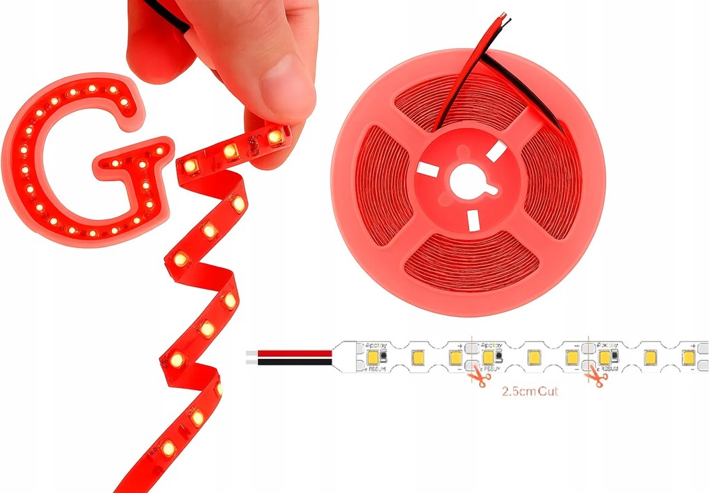 Led szalag 10m 12V 2835 Smd 8W/m S-Shape 6mm Piros Rugalmas