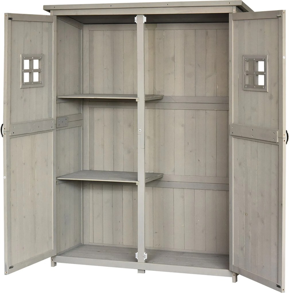 Outsunny Fa Kertiszerszámos Szekrény Kültéri Tároló Két Ajtóval Vízálló Tetővel Különböző Méretű Rekeszekkel 127.5x50x164cm Szilárd Fa | Aosom