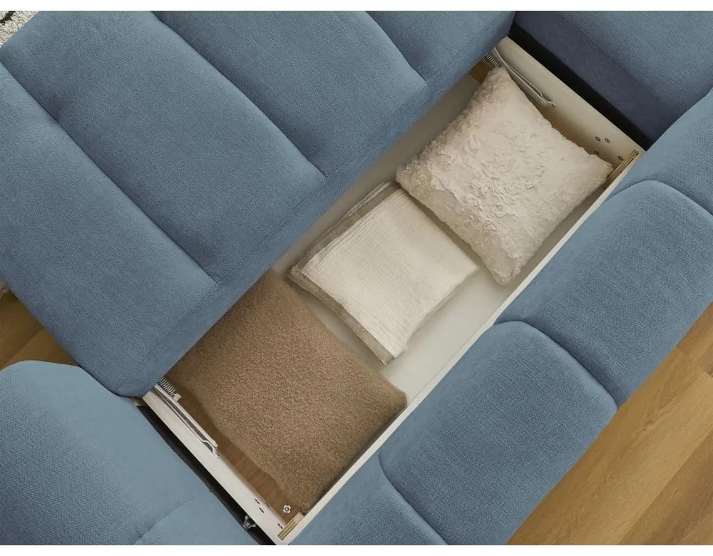 Kék kinyitható-tárolóhelyes sarokkanapé (bal oldali-heverő résszel) Fuji – Bobochic Paris