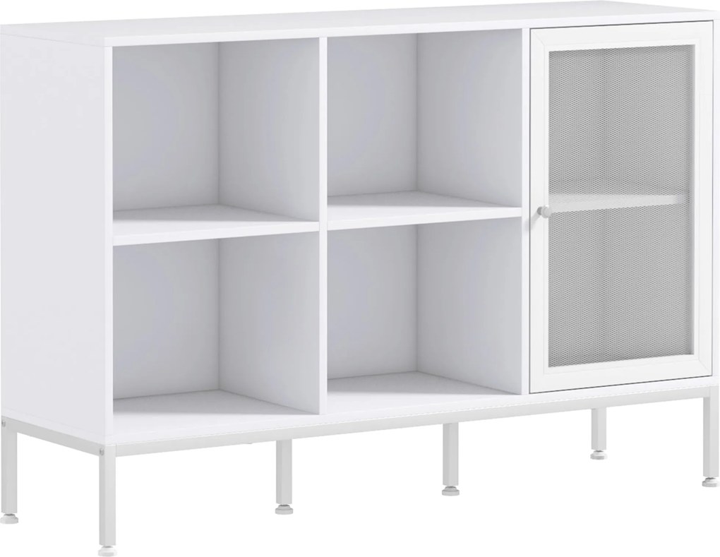 HOMCOM Konyhai Komód Fémrácsos Ajtóval, 4 Nyitott Rekesszel és Állítható Polccal, Modern Konyhai Szervizasztal Étkezőbe vagy Nappaliba, 120x37x81,5 cm