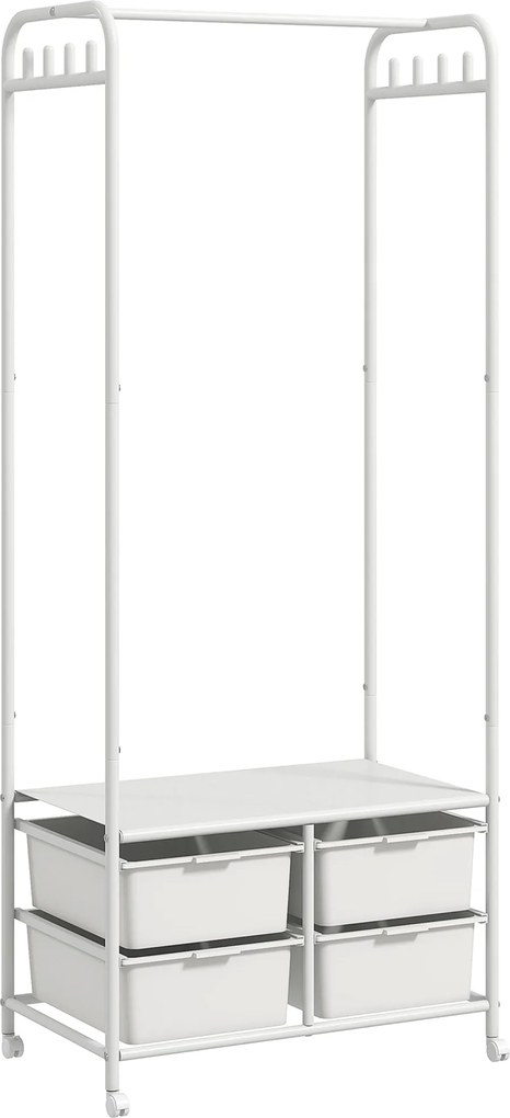 HOMCOM Modern Kabátállvány Cipőtartóval, 8 Akasztóval, 4 Kosárral, Görgős Bejárati Kabátállvány Acél Váz 63x37x153 cm Fehér | Aosom
