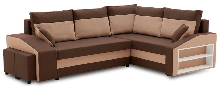 Grande sarokkanapé polcokkal és puffokkal , polc a jobb karfaban puffok a bal karfaban, jobboldali, szövet anyag, bonell töltet, barna