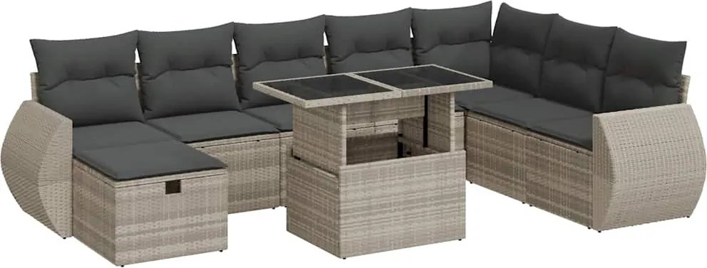 vidaXL 9 részes világosszürke polyrattan kerti ülőgarnitúra párnával