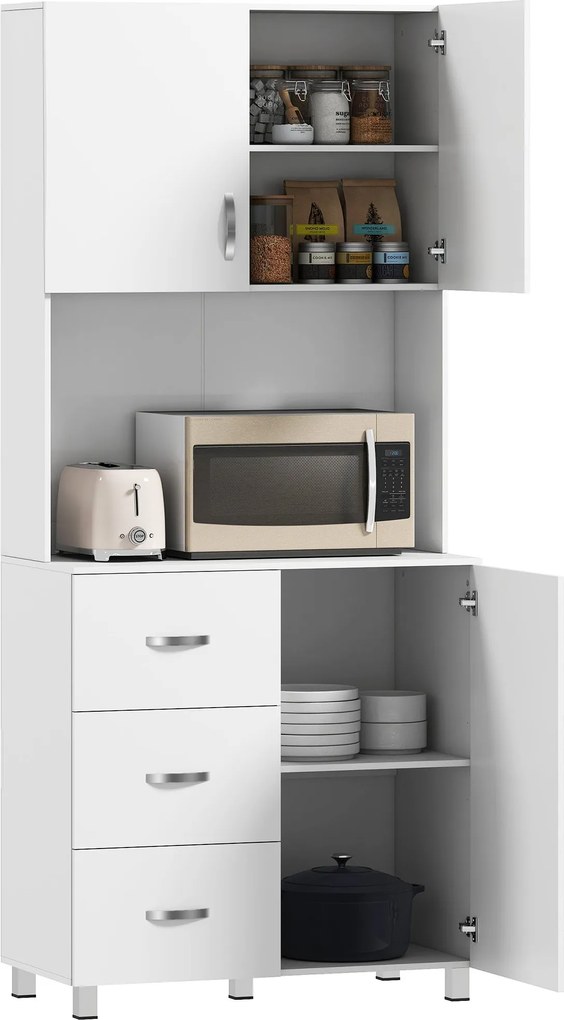HOMCOM Modern Konyhai Kamra 3 Fiókkal, 3 Ajtóval és Állítható Polcokkal - Kiegészítő Bútor Étkezőbe vagy Nappaliba 80x39x183 cm - Fehér | Aosom