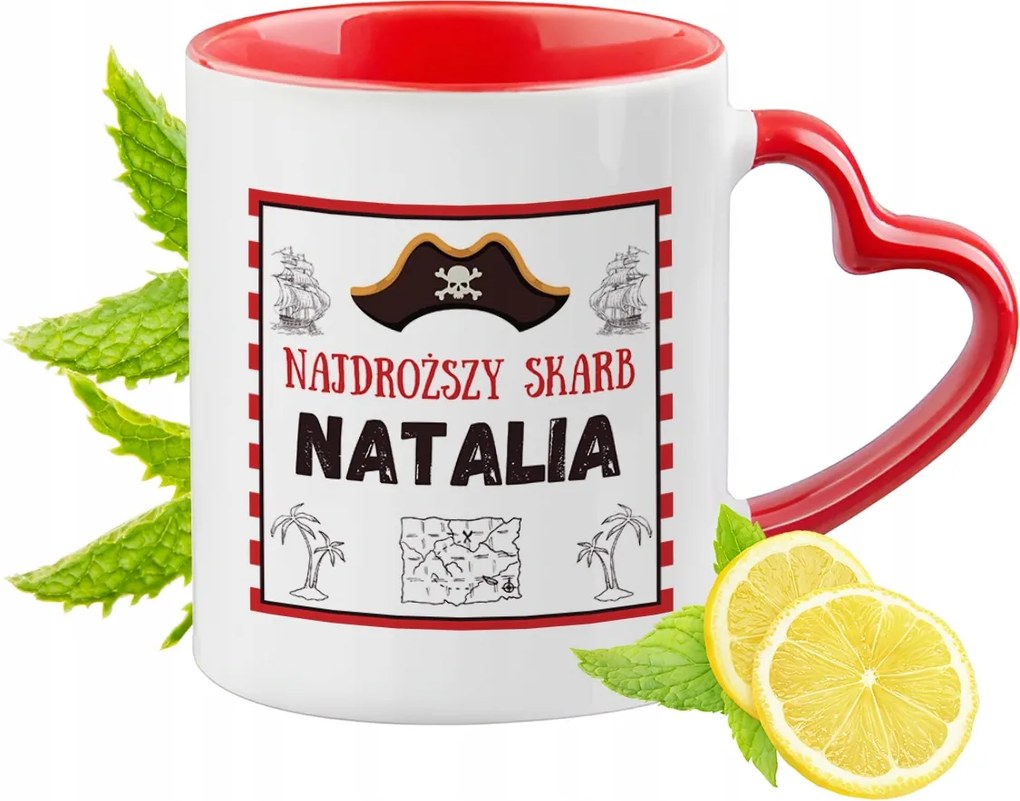 Piros bögre szív alakú füllel Nataliának Ajándék