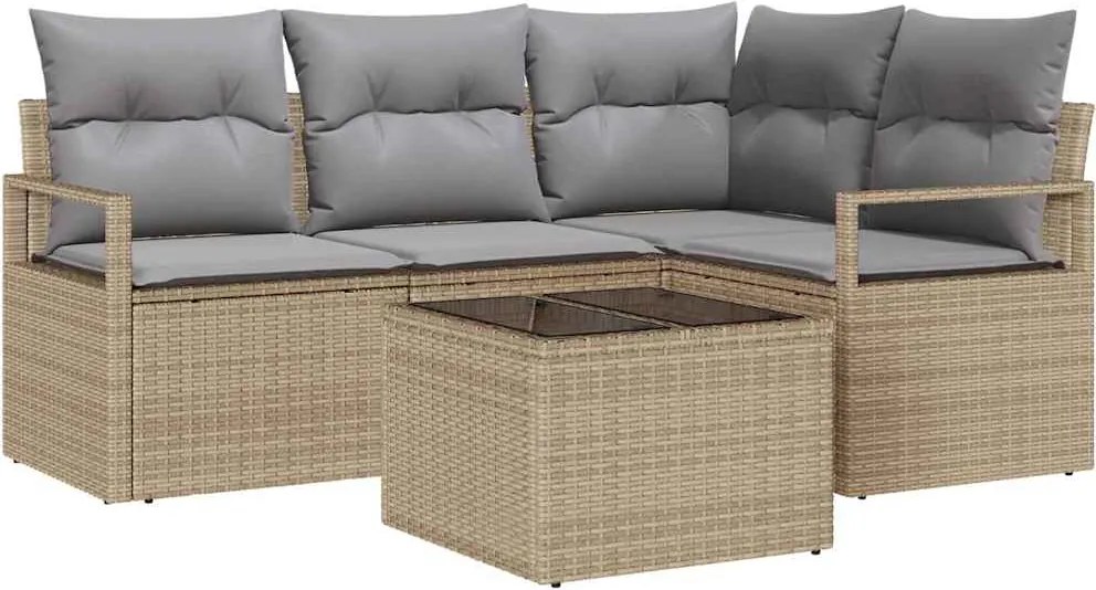 vidaXL Kanapé Szett párnával 5 pcs Beige és Világosszürke polirattan